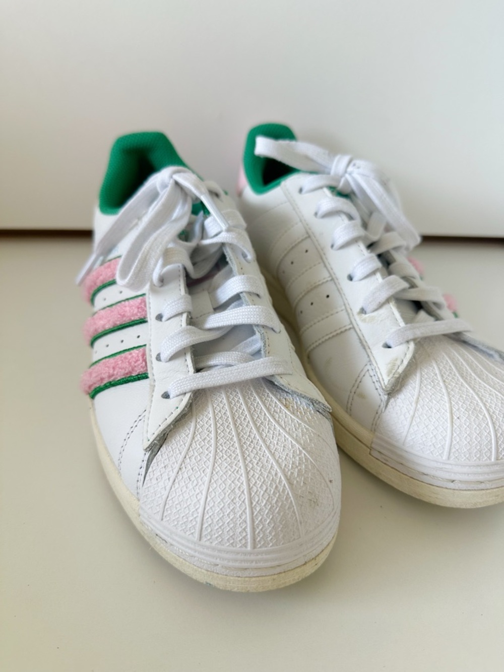 adidas superstar White Sneakers with Pink Stripes & Green Collar